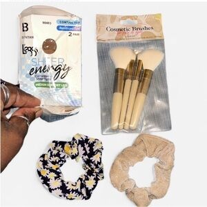 Sheer Energy Pantyhose and Cosmetic Brushes Set with Scrunchies